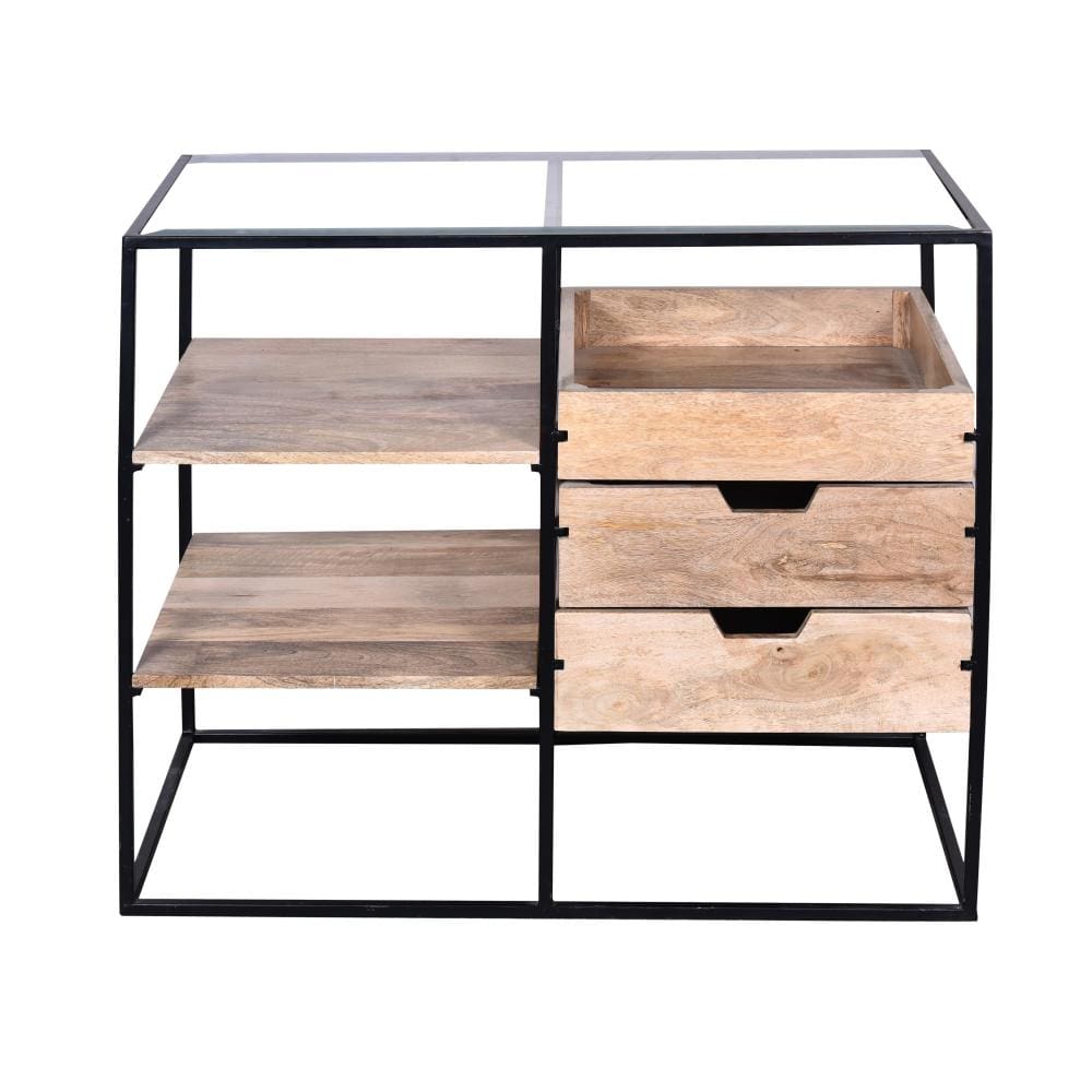 35 Inch Glass Top Rectangular Writing Desk 3 Drawers Metal Frame Natural Brown and Black By The Urban Port UPT-263596