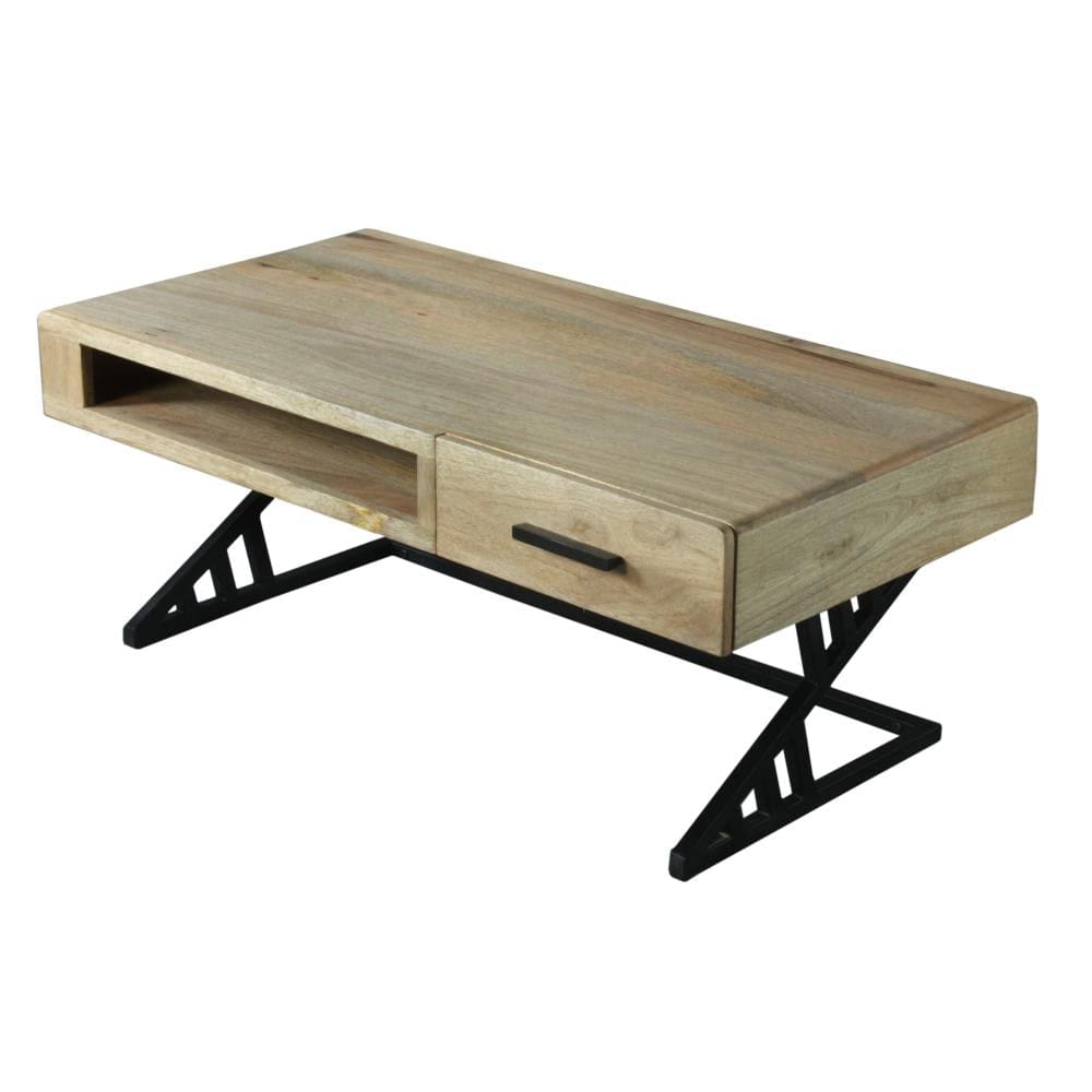 Industrial Mango Wood Coffee Table with 1 Drawer and Tubular Metal Frame Gray and Black By The Urban Port UPT-263762