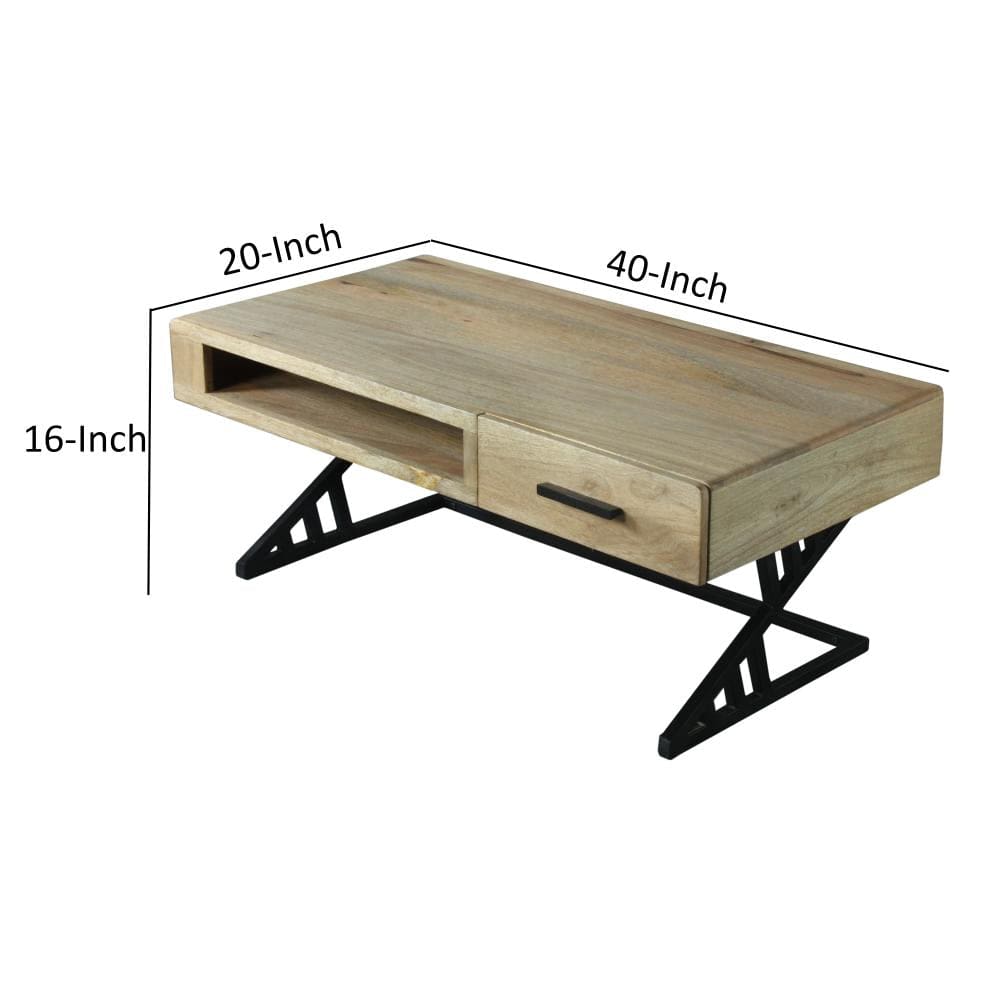 Industrial Mango Wood Coffee Table with 1 Drawer and Tubular Metal Frame Gray and Black By The Urban Port UPT-263762