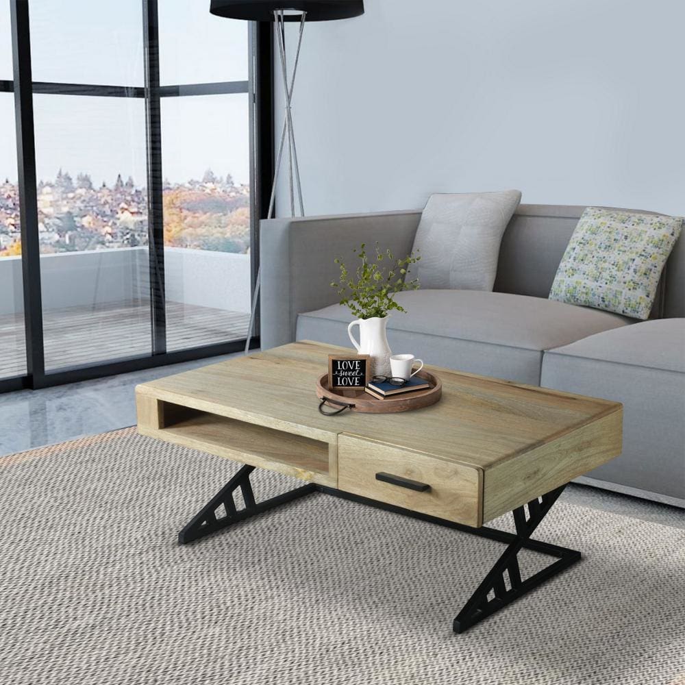 Industrial Mango Wood Coffee Table with 1 Drawer and Tubular Metal Frame Gray and Black By The Urban Port UPT-263762