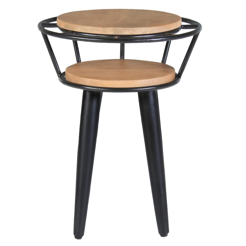 Industrial End Table with 2 Tier Round Wooden Shelving and Metal Frame White Oak and Black By The Urban Port UPT-263764