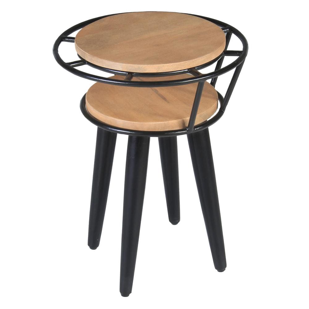 Industrial End Table with 2 Tier Round Wooden Shelving and Metal Frame White Oak and Black By The Urban Port UPT-263764