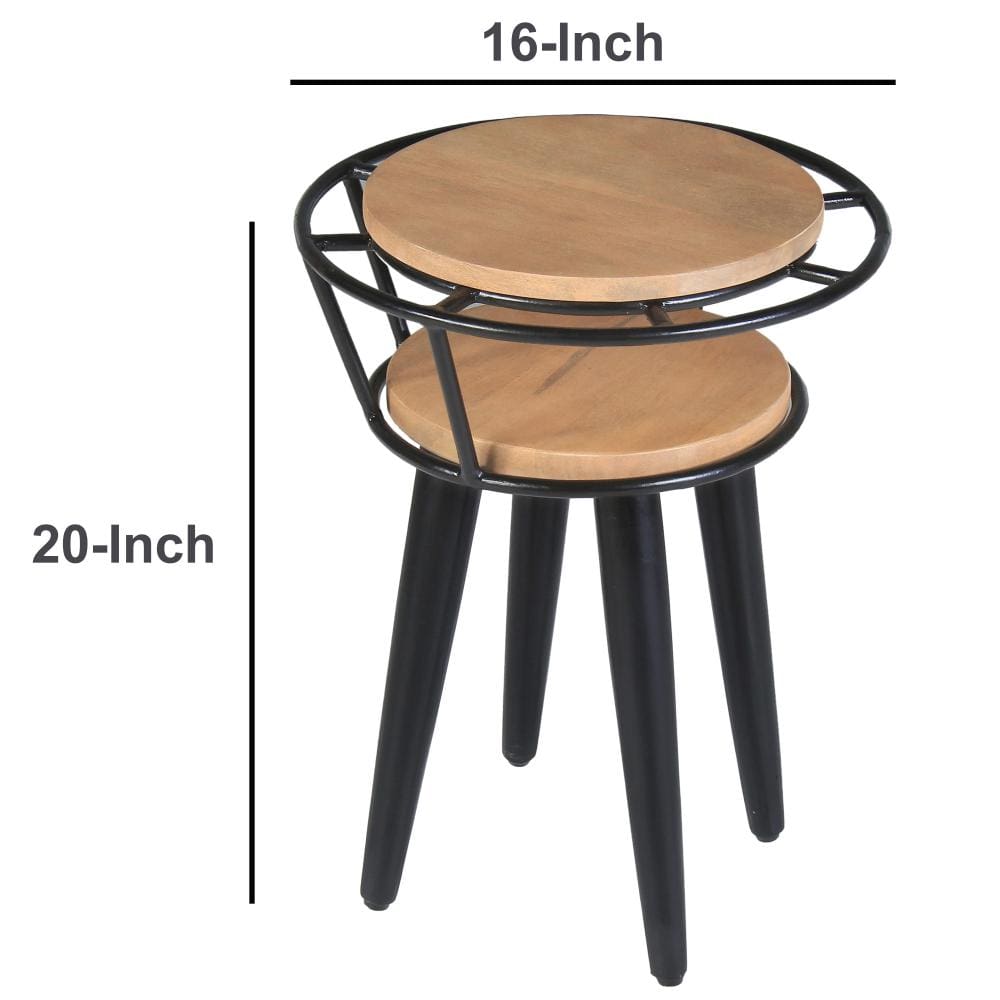 Industrial End Table with 2 Tier Round Wooden Shelving and Metal Frame White Oak and Black By The Urban Port UPT-263764