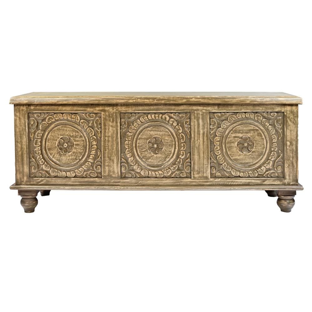 Wooden Trunk with Lift Top Storage and Medallion Wood Carving Distressed Brown By The Urban Port UPT-263768