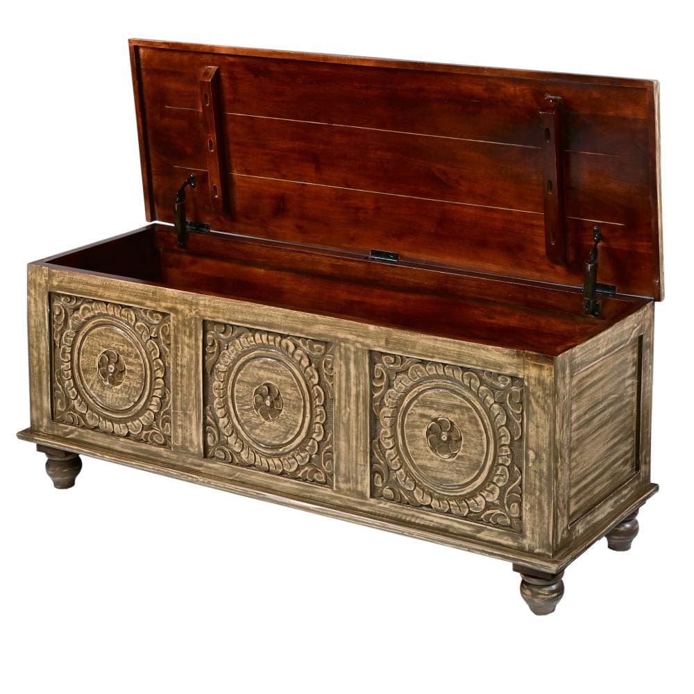 Wooden Trunk with Lift Top Storage and Medallion Wood Carving Distressed Brown By The Urban Port UPT-263768