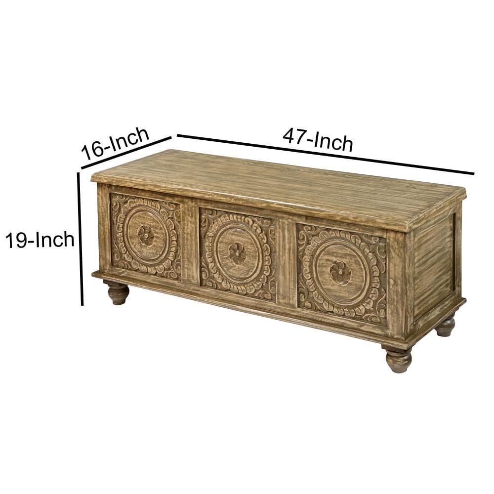 Wooden Trunk with Lift Top Storage and Medallion Wood Carving Distressed Brown By The Urban Port UPT-263768