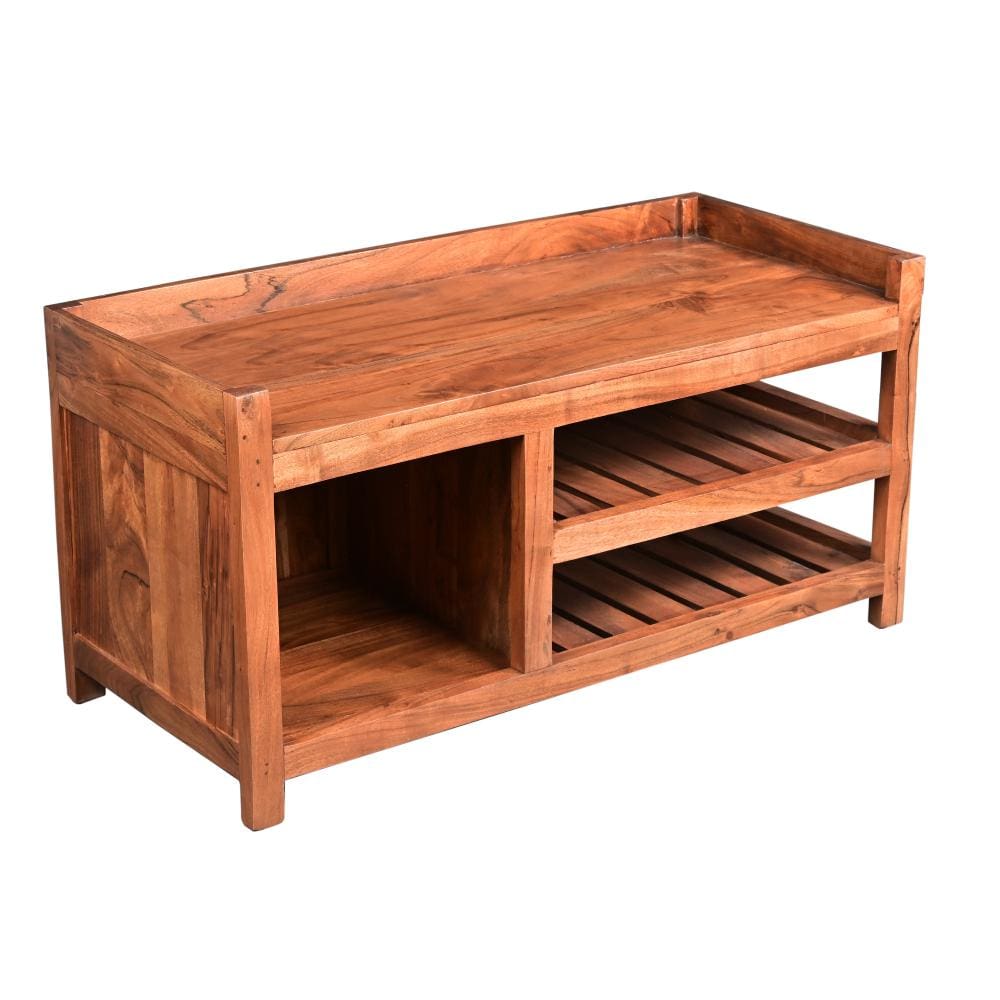 Entryway Bench with Wooden Seat and 2 Slatted Shelves Brown By The Urban Port UPT-263769