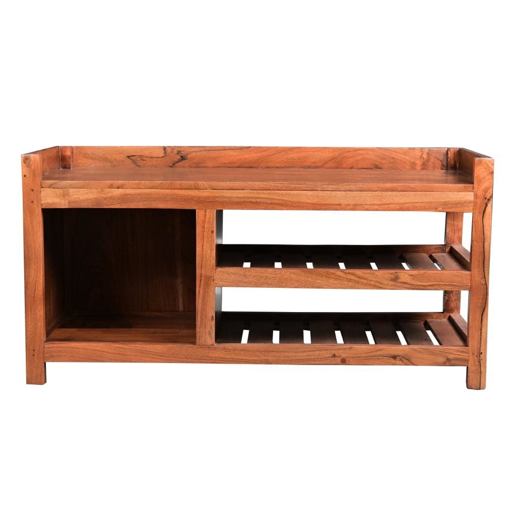 Entryway Bench with Wooden Seat and 2 Slatted Shelves Brown By The Urban Port UPT-263769