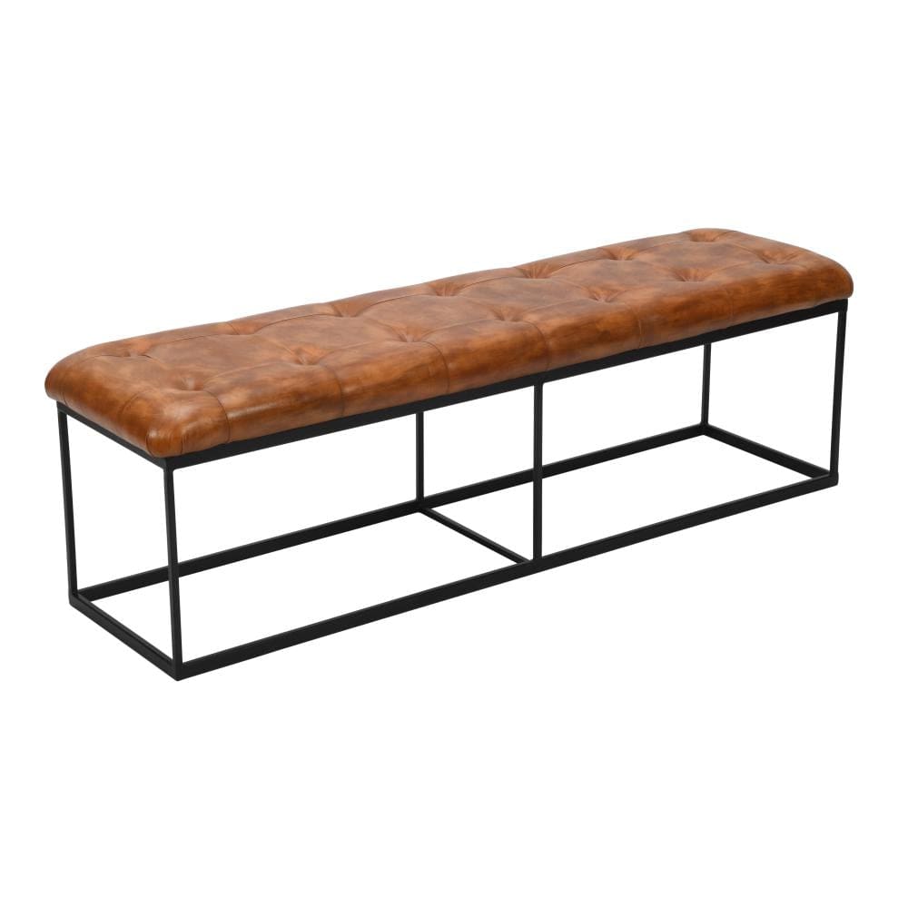 Accent Bench with Tufted Leatherette Seat and Metal Frame Caramel Brown and Black By The Urban Port UPT-263780