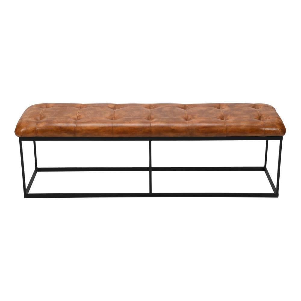 Accent Bench with Tufted Leatherette Seat and Metal Frame Caramel Brown and Black By The Urban Port UPT-263780