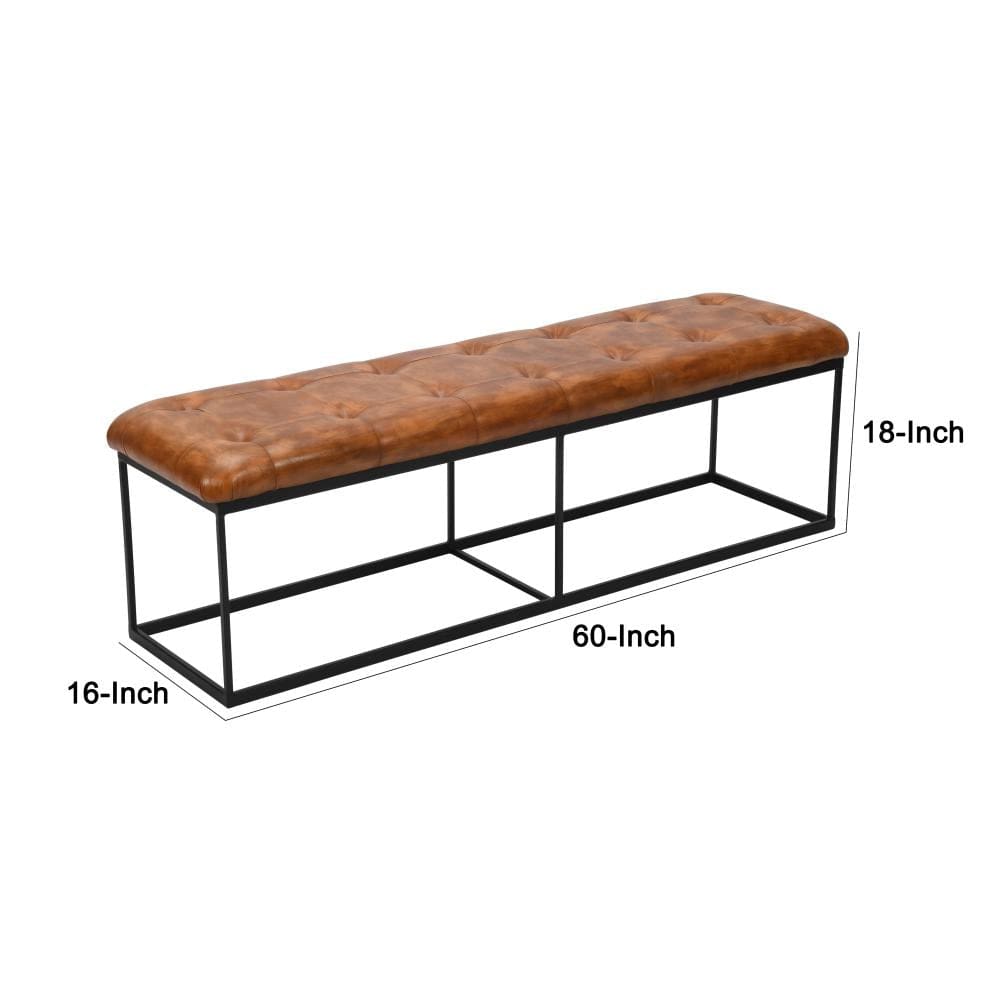 Accent Bench with Tufted Leatherette Seat and Metal Frame Caramel Brown and Black By The Urban Port UPT-263780