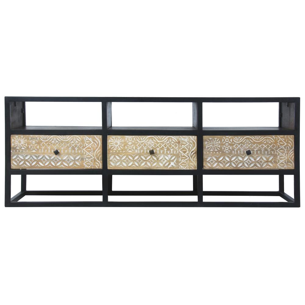 Carson 3 Drawer TV Cabinet Console with Metal Frame and 3 Open Compartments Brown and Black By The Urban Port UPT-270554