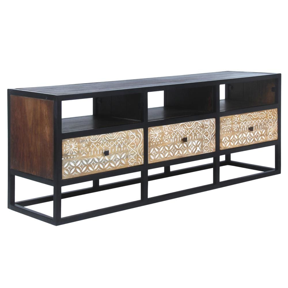 Carson 3 Drawer TV Cabinet Console with Metal Frame and 3 Open Compartments Brown and Black By The Urban Port UPT-270554