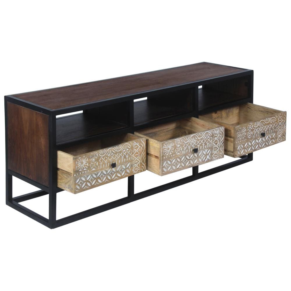 Carson 3 Drawer TV Cabinet Console with Metal Frame and 3 Open Compartments Brown and Black By The Urban Port UPT-270554