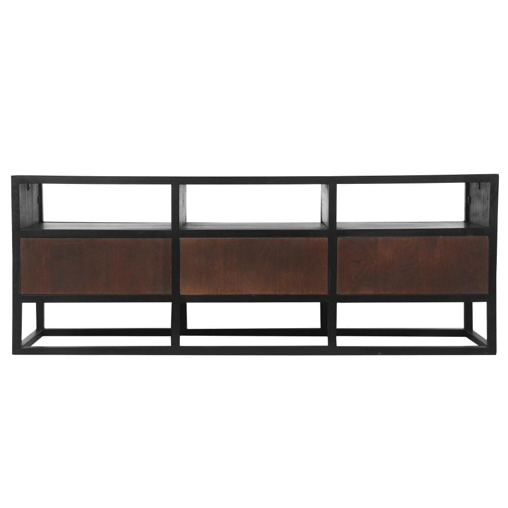 Carson 3 Drawer TV Cabinet Console with Metal Frame and 3 Open Compartments Brown and Black By The Urban Port UPT-270554