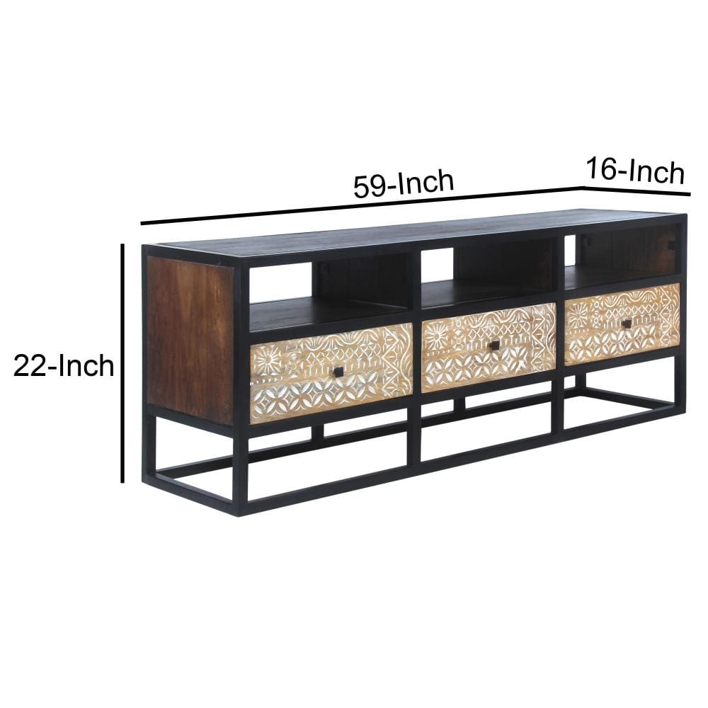 Carson 3 Drawer TV Cabinet Console with Metal Frame and 3 Open Compartments Brown and Black By The Urban Port UPT-270554