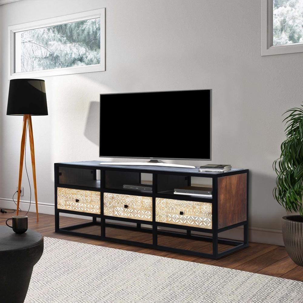 Carson 3 Drawer TV Cabinet Console with Metal Frame and 3 Open Compartments Brown and Black By The Urban Port UPT-270554