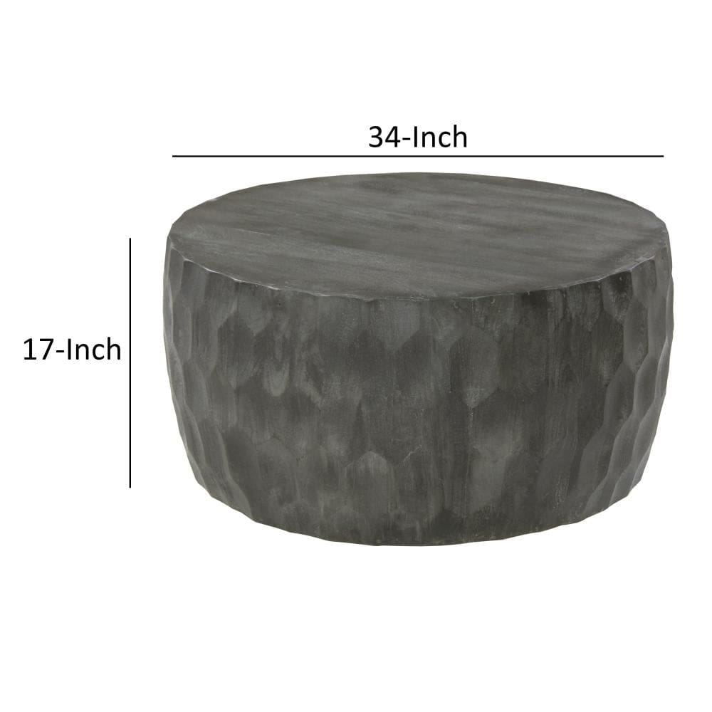 33 Inch Wooden Round Drum Coffee Table with Geometric Carved Pattern Gray By The Urban Port UPT-270557