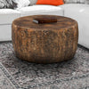 33 Inch Round Coffee Table with Damask Carved Pattern and Wooden Frame Walnut Brown By The Urban Port UPT-270560