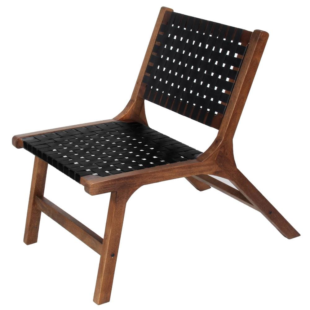 Mid Century Solid Wood Accent Chair with Woven Leather Seat Dark Brown and Black By The Urban Port UPT-271292