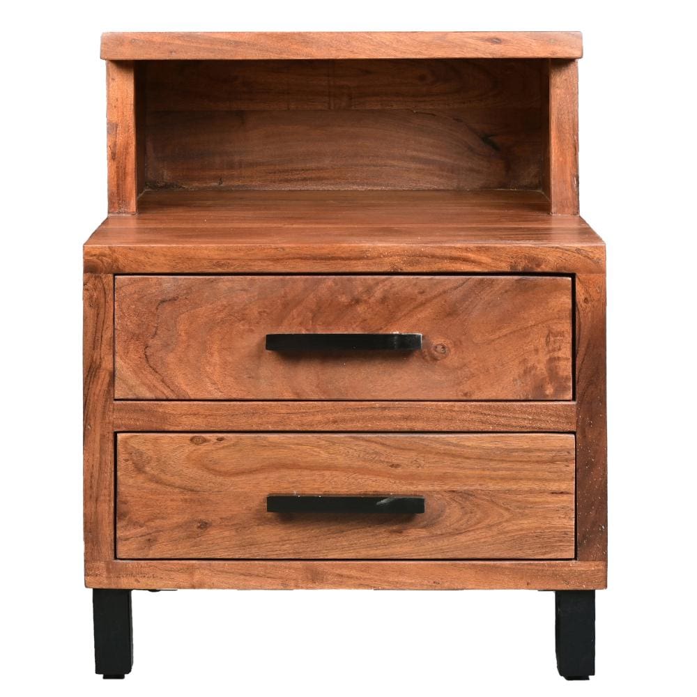 22 Inch Acacia Wood Nightstand Bedside Table with 2 Drawers and Open Cubby Walnut Brown By The Urban Port UPT-272520