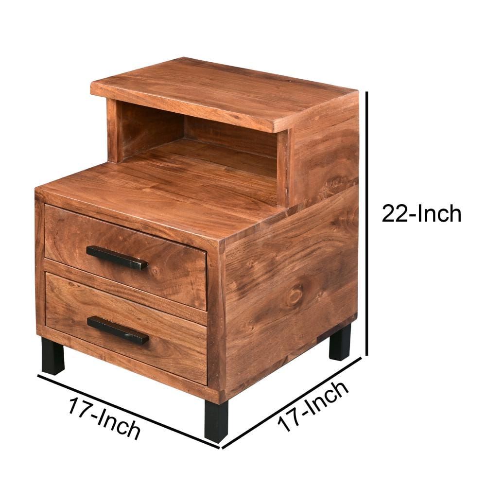 22 Inch Acacia Wood Nightstand Bedside Table with 2 Drawers and Open Cubby Walnut Brown By The Urban Port UPT-272520