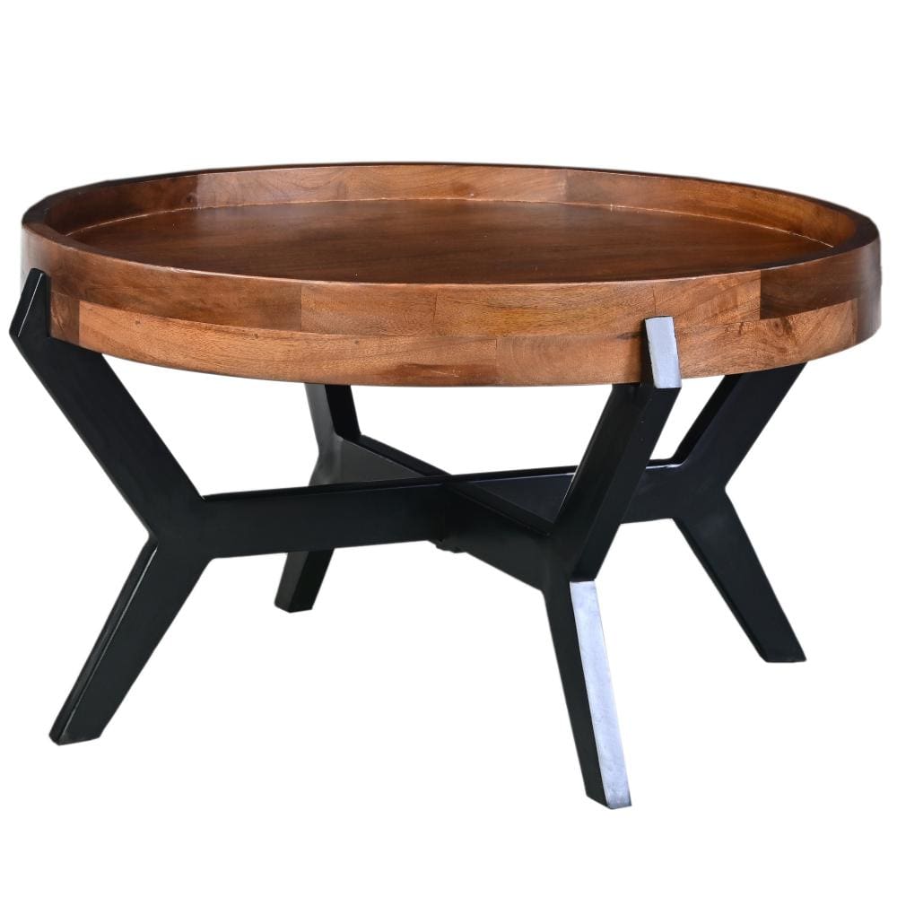 30 Inch Industrial Round Acacia Wood Tray Coffee Table with Flared Metal Legs Brown and Black By The Urban Port UPT-272522