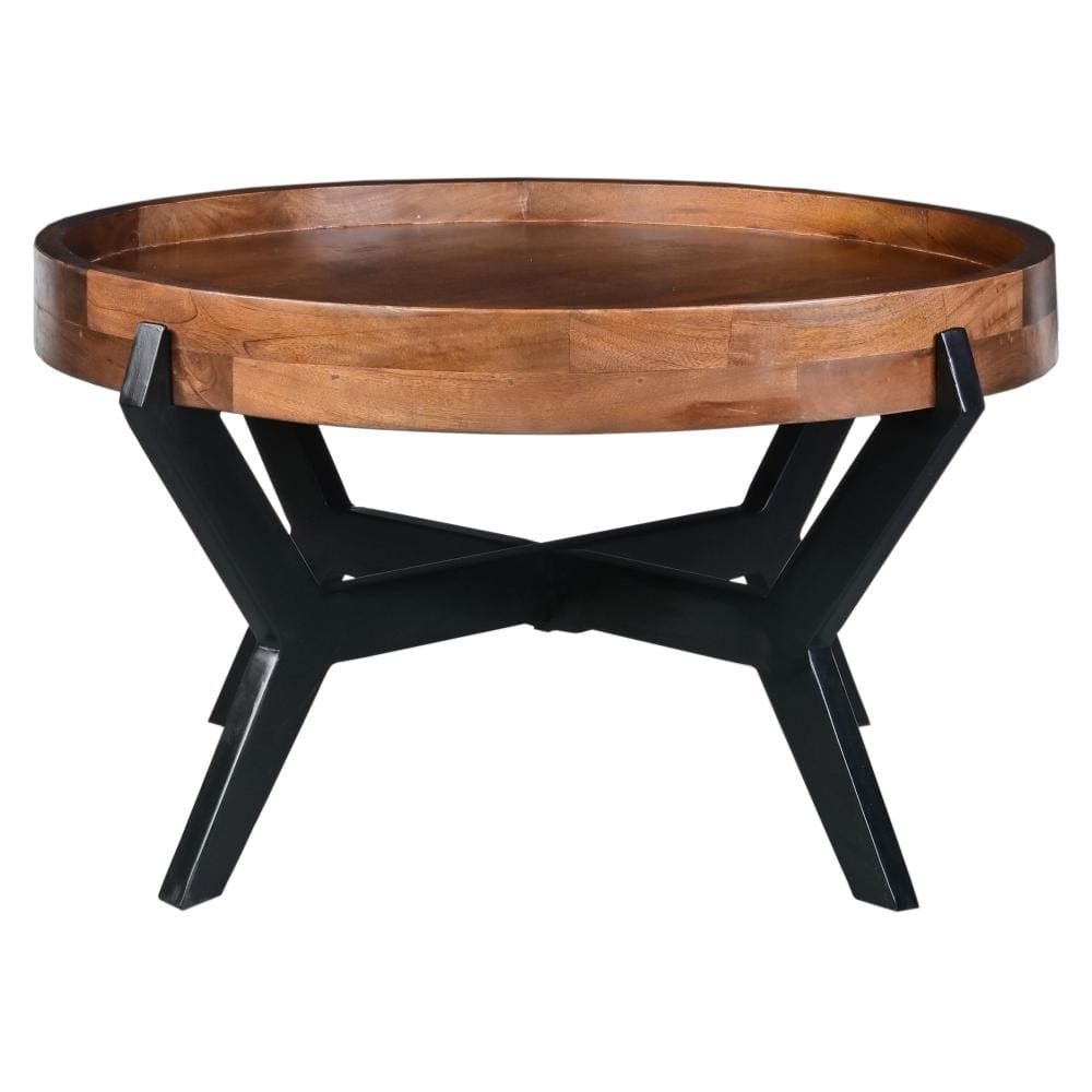 30 Inch Industrial Round Acacia Wood Tray Coffee Table with Flared Metal Legs Brown and Black By The Urban Port UPT-272522