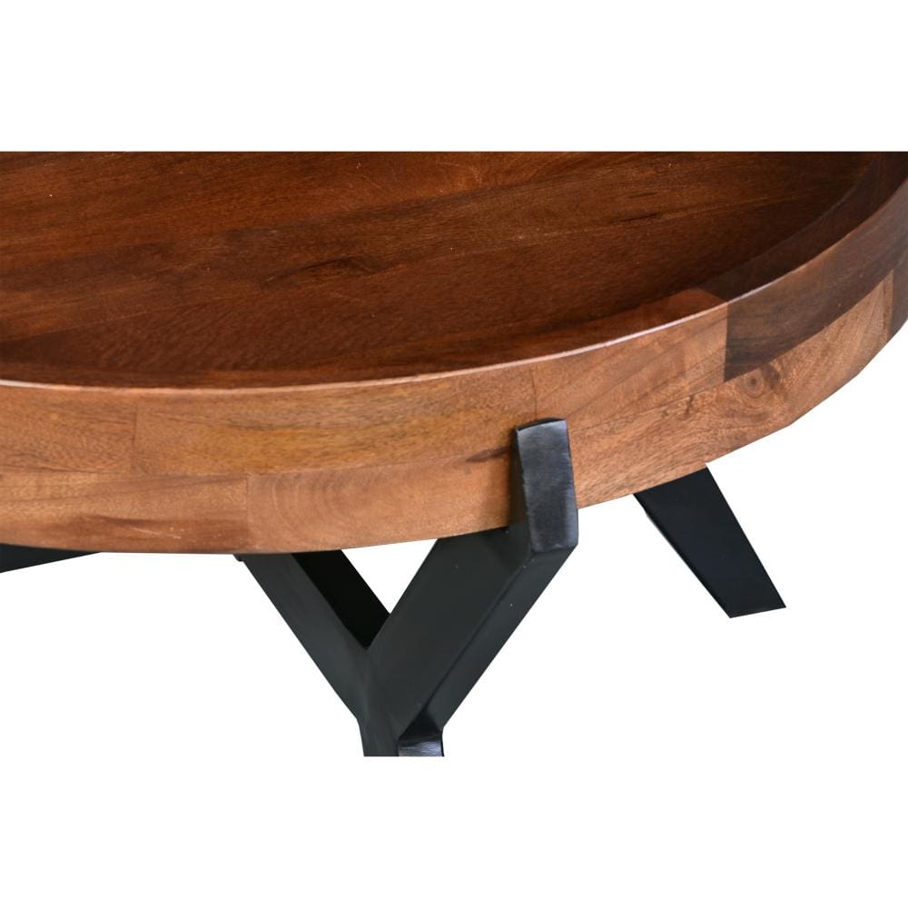 30 Inch Industrial Round Acacia Wood Tray Coffee Table with Flared Metal Legs Brown and Black By The Urban Port UPT-272522