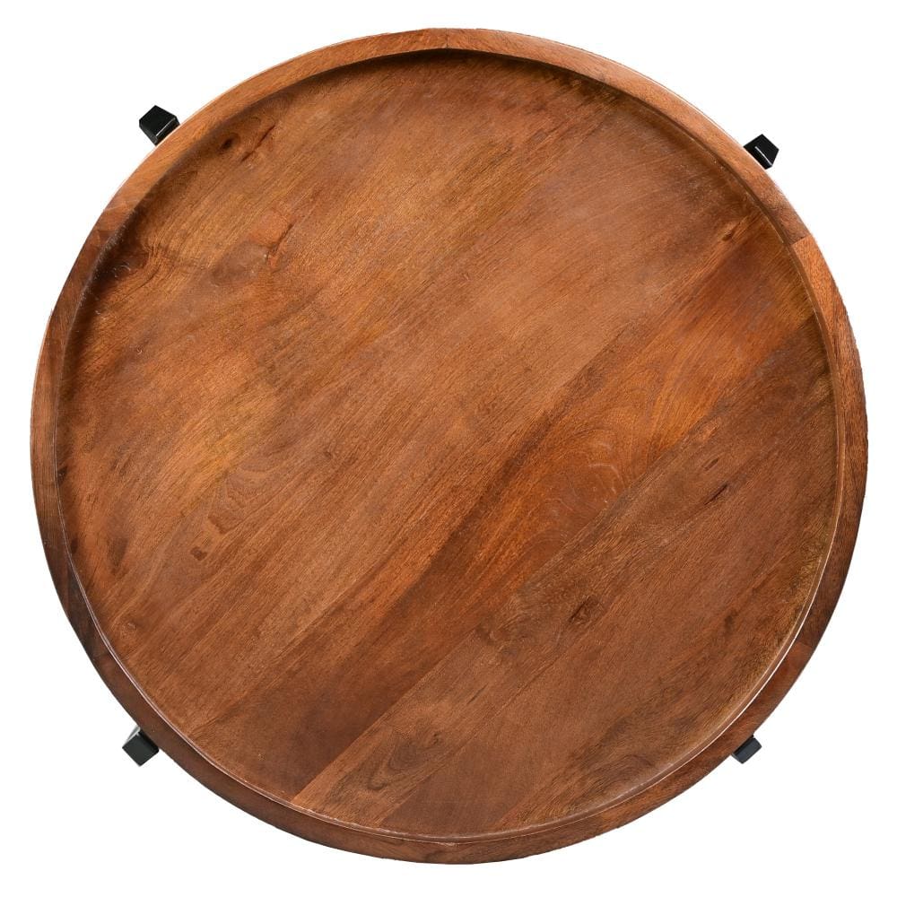 30 Inch Industrial Round Acacia Wood Tray Coffee Table with Flared Metal Legs Brown and Black By The Urban Port UPT-272522