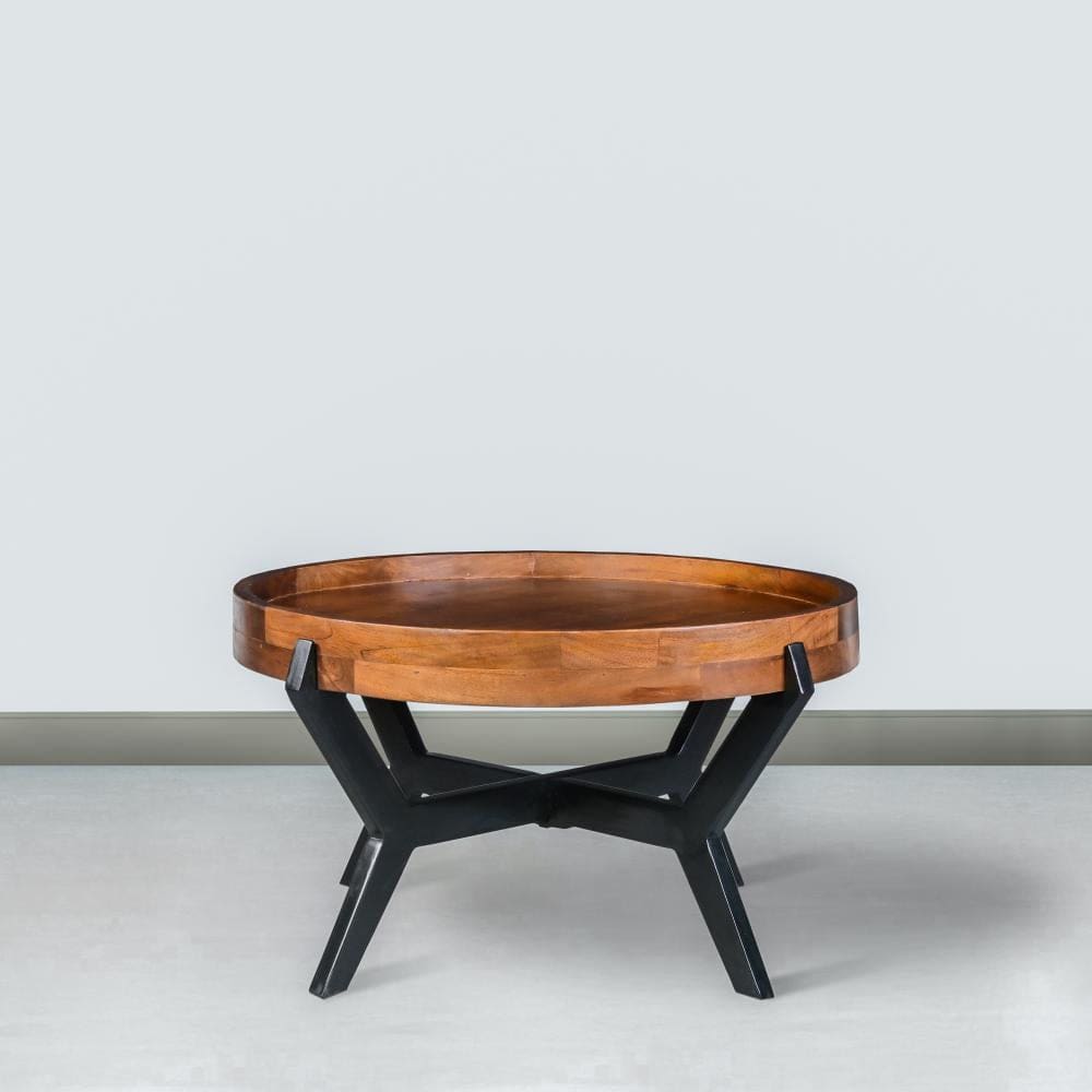 30 Inch Industrial Round Acacia Wood Tray Coffee Table with Flared Metal Legs Brown and Black By The Urban Port UPT-272522