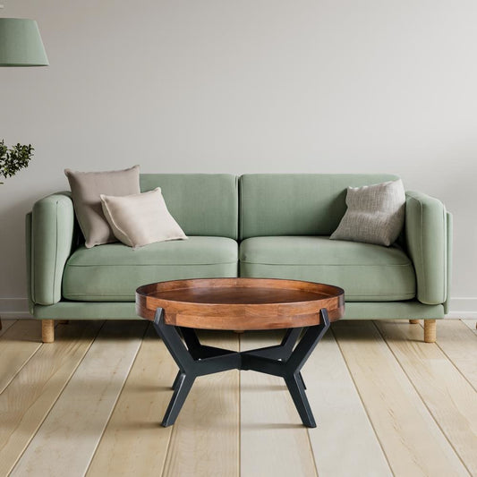 30 Inch Industrial Round Acacia Wood Tray Coffee Table with Flared Metal Legs, Brown and Black By The Urban Port