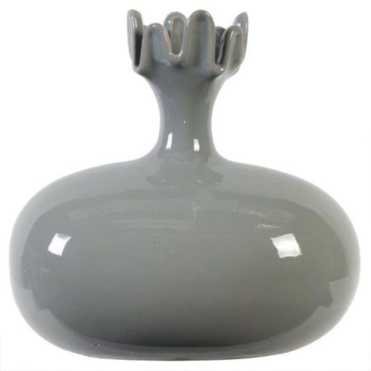 10 Inch Ceramic Vase, Pomegranate Shape, Glossy Gray By Casagear Home