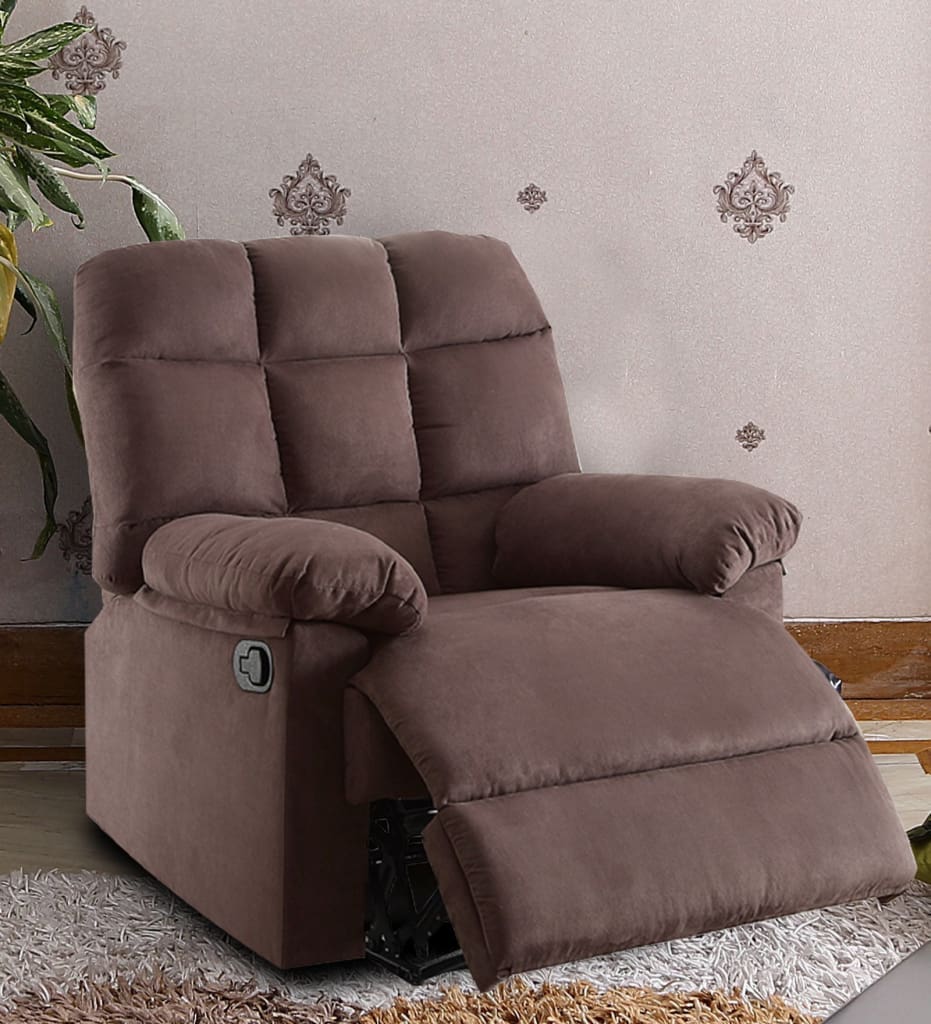 Plush Cushioned Recliner With Tufted Back And Roll Arms In Brown