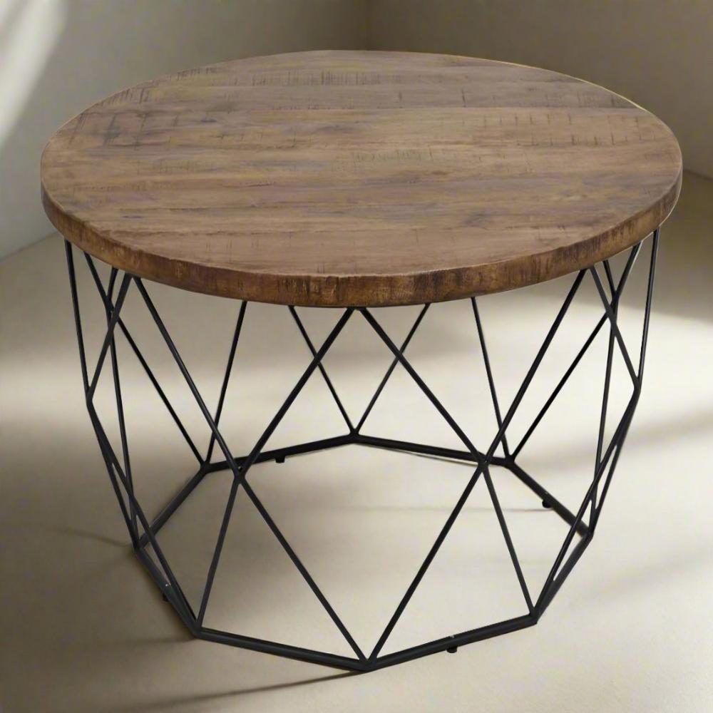 Round Wooden Coffee Table with Geometric Cutout Iron Base, Black and Brown - PL11901 By Casagear Home