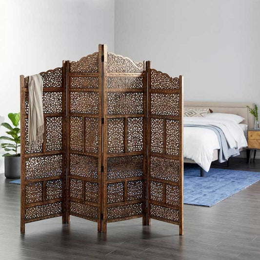 71" 4-Panel Carved Wood Room Divider Screen, Brown By Benzara